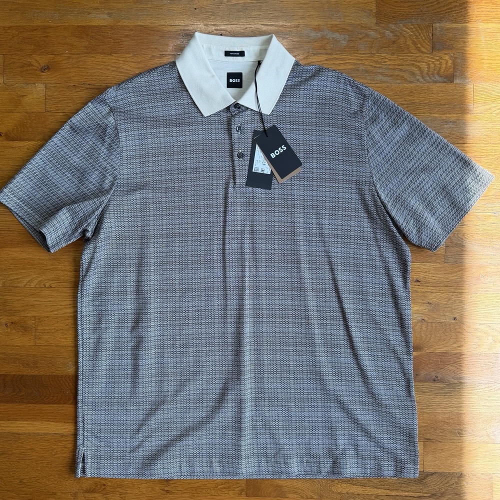 Hugo Boss Mens Mercerised-Cotton Polo Shirt XXL Grid Pattern NWT H-Parris 102